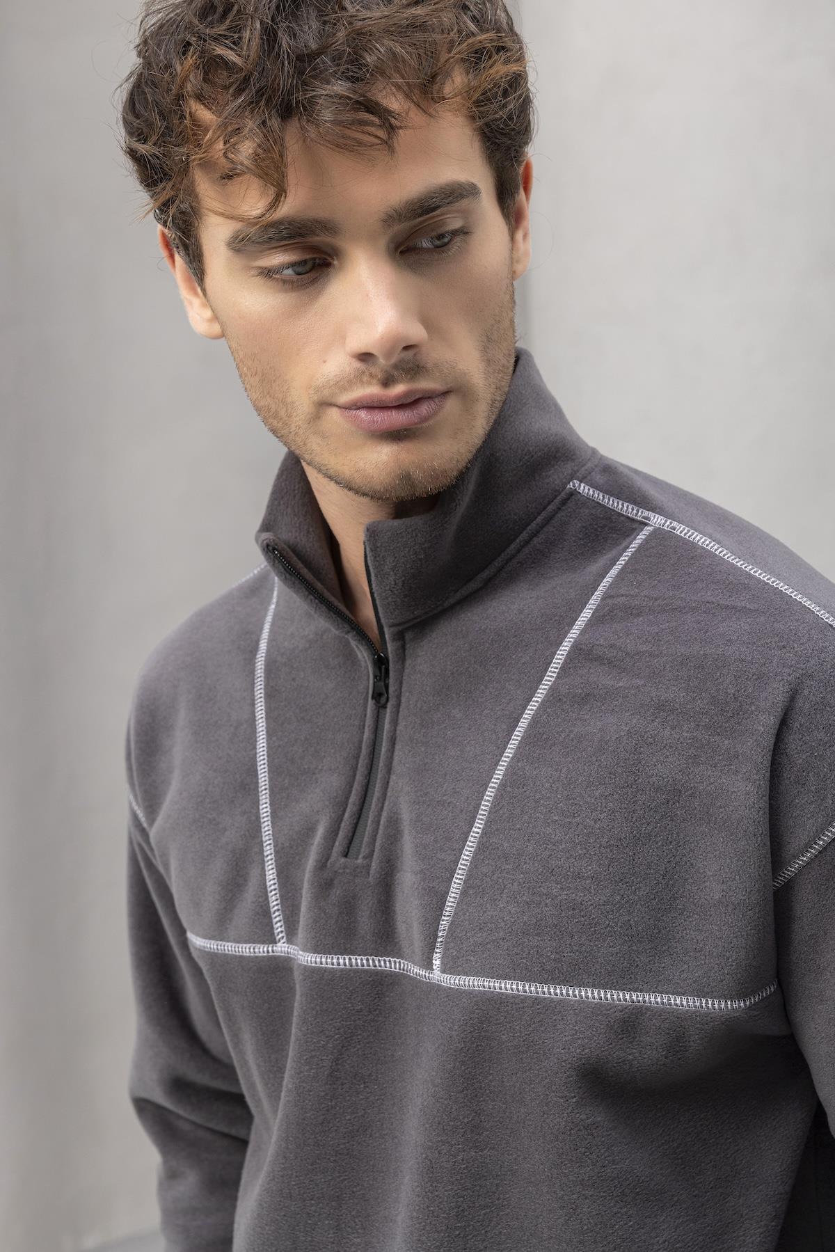 Crowe Çizgi Şeritli Oversize Yarım Fermuar Polar Erkek Sweatshirt - Füme · 3