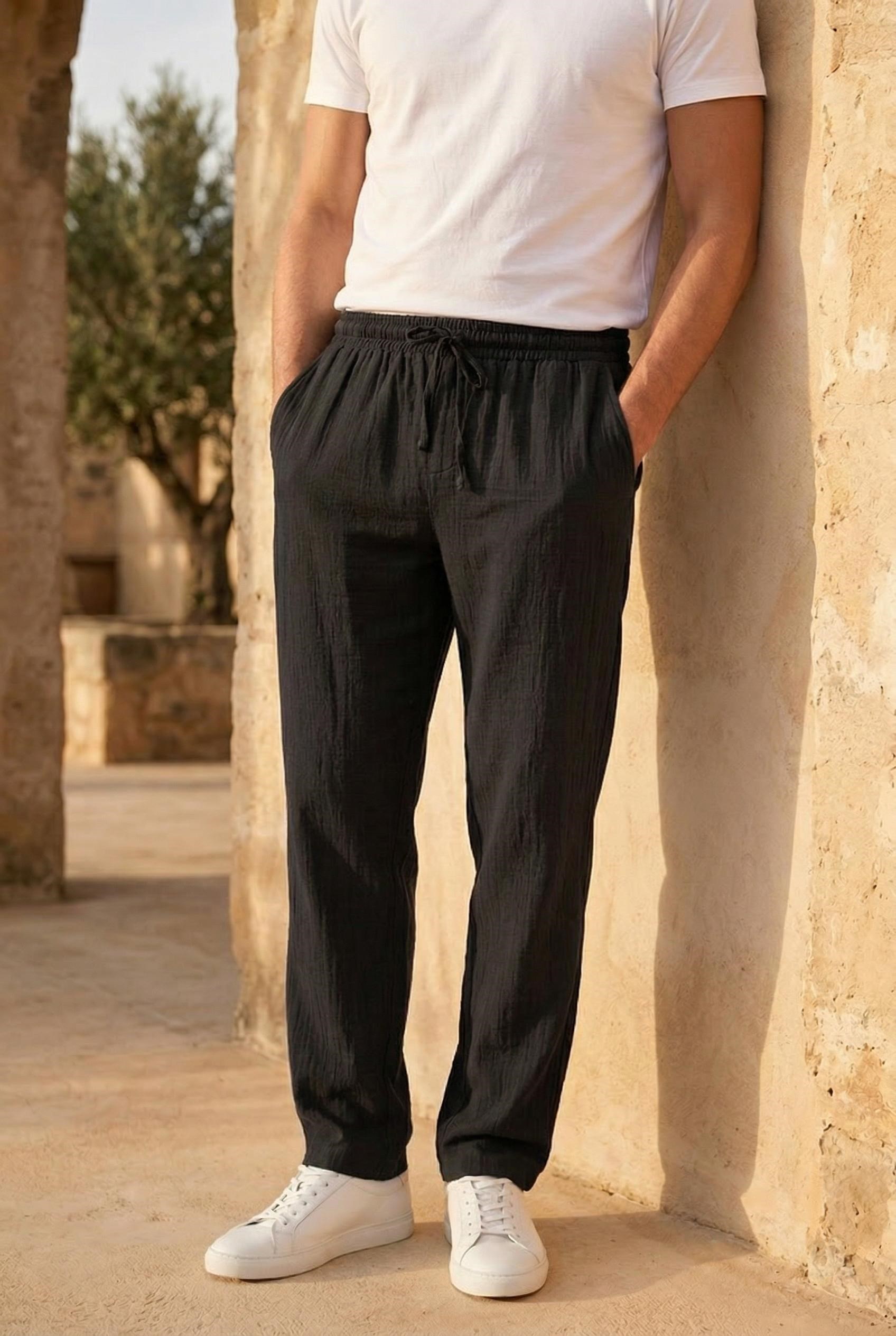 Hafif ve Rahat Müslin Baggy Erkek Pantolon - Siyah