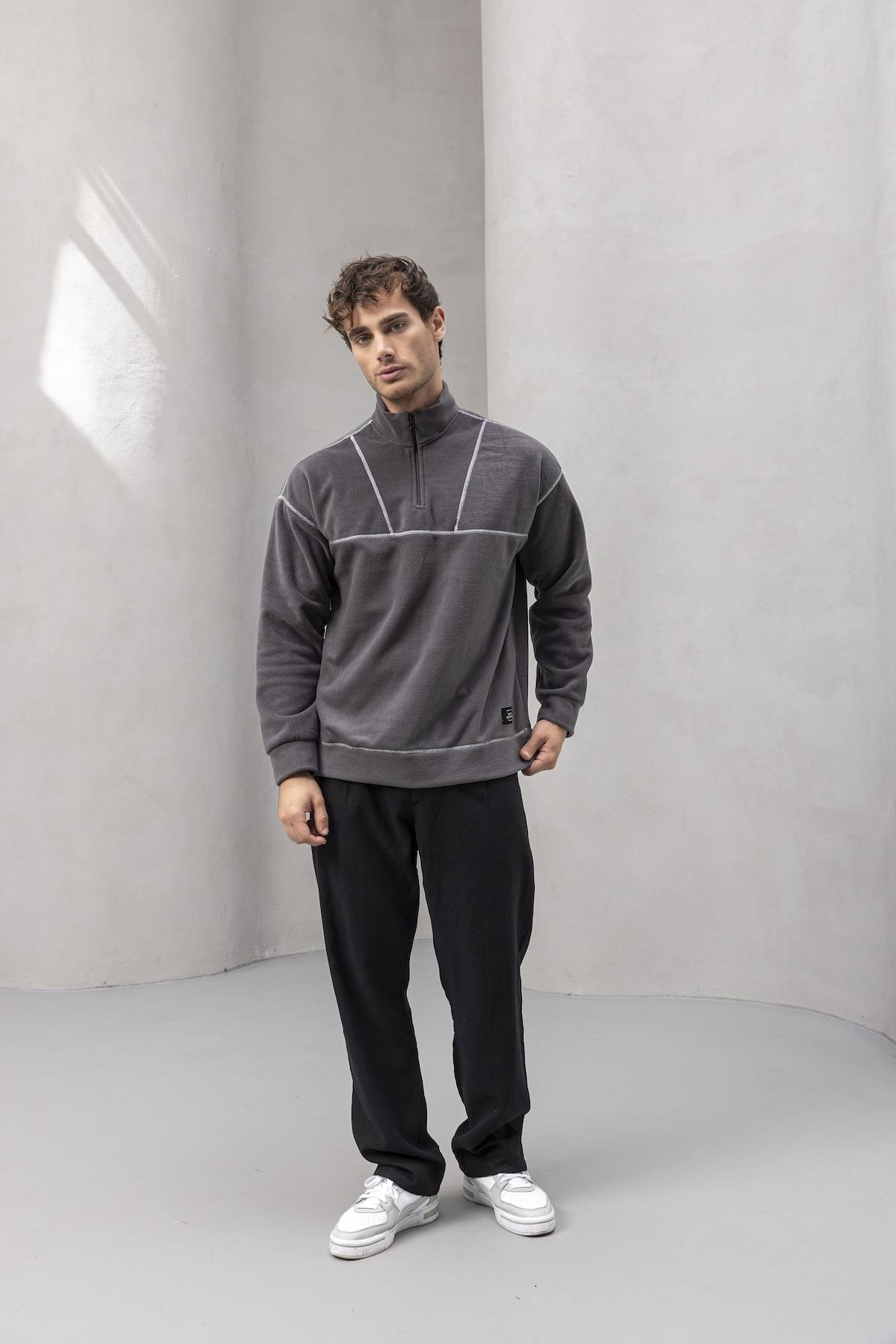 Crowe Çizgi Şeritli Oversize Yarım Fermuar Polar Erkek Sweatshirt - Füme · 5
