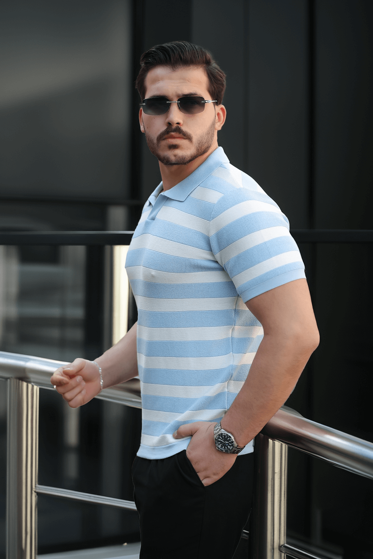 Premium Yan Çizgili Viskon Polo Yaka Triko Erkek T-Shirt - Mavi · 3