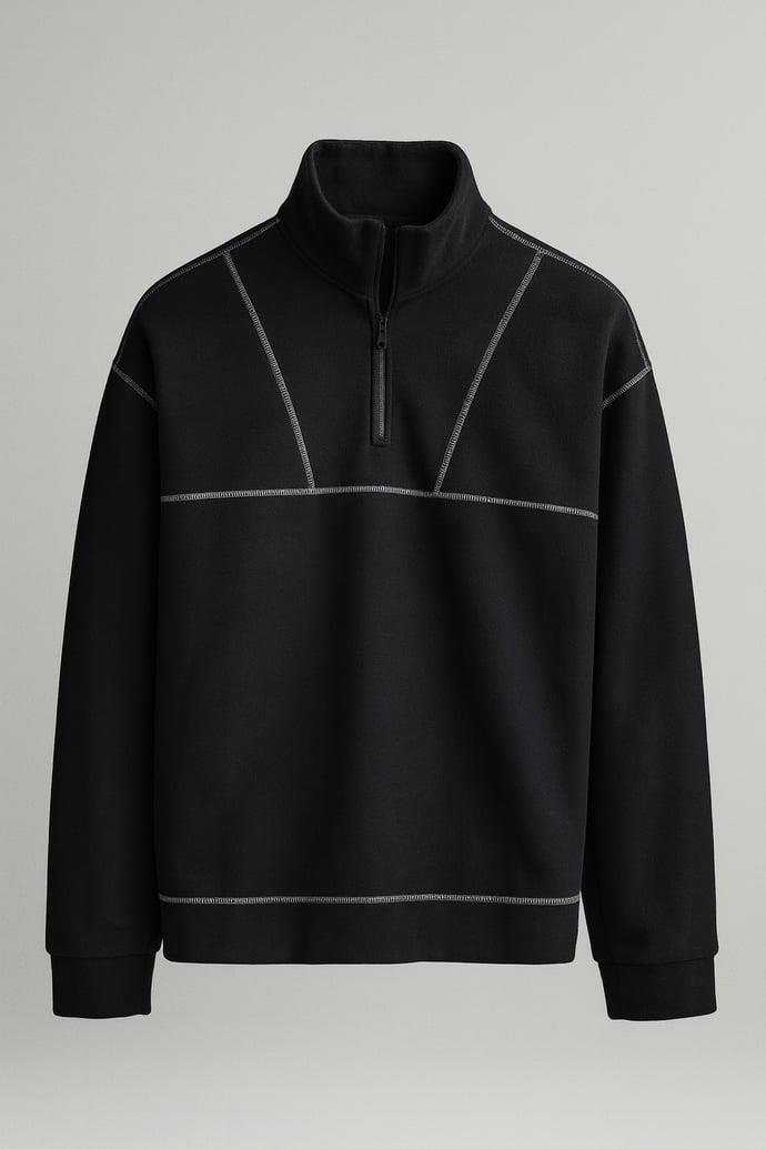 Crowe Çizgi Şeritli Oversize Yarım Fermuar Polar Erkek Sweatshirt - Siyah