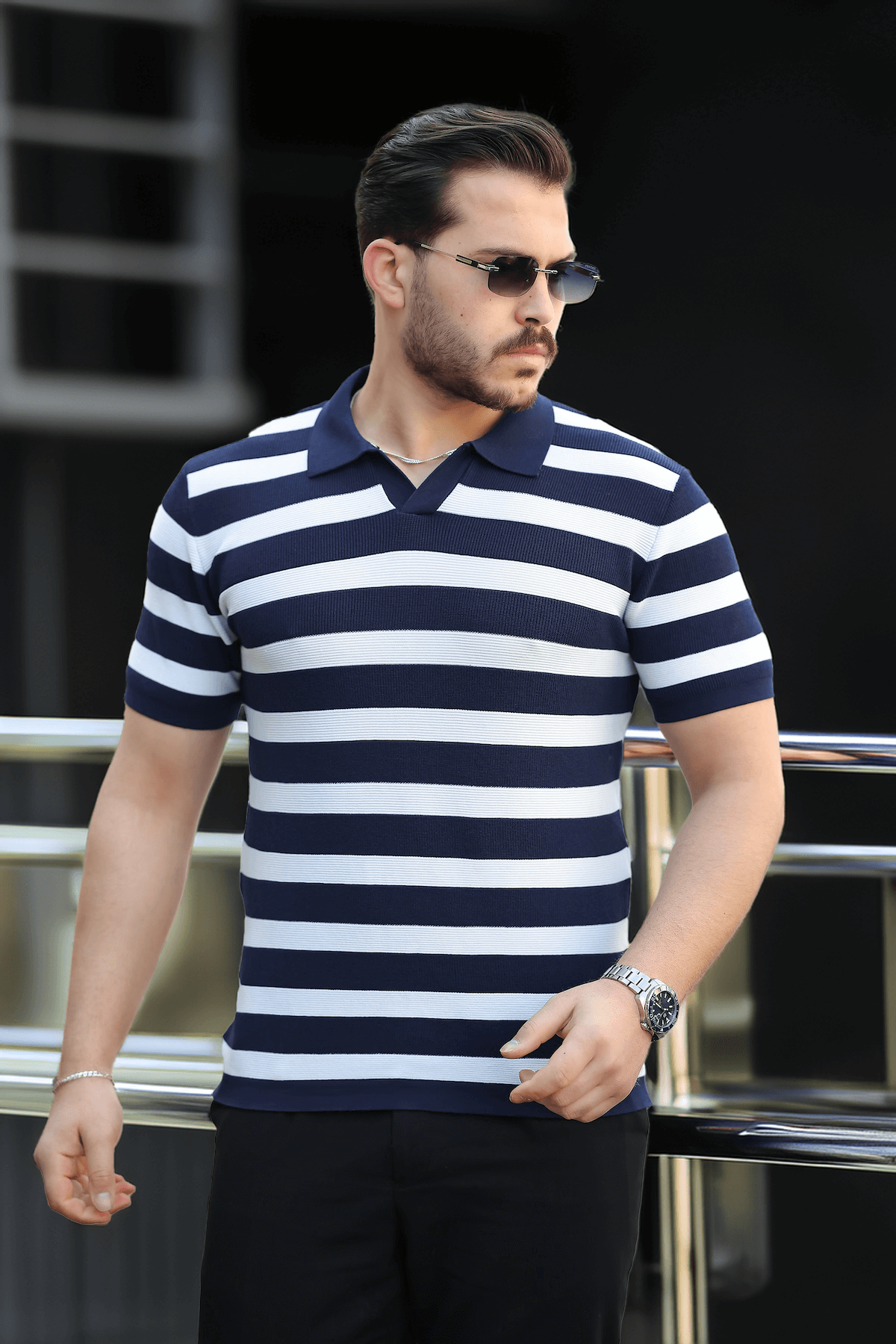 Premium Yan Çizgili Viskon Polo Yaka Triko Erkek T-Shirt - Lacivert