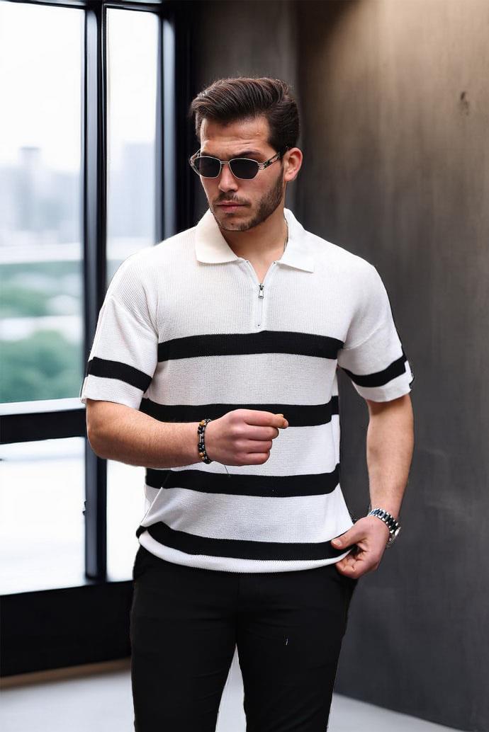 Yarım Fermuar Çizgili Oversize Triko T-Shirt - Beyaz