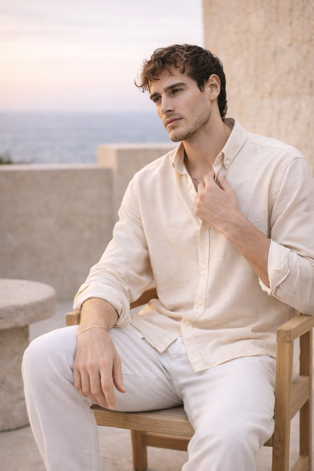 Scott – Soft Dokulu Yarım Oversize Modern Keten Görünümlü Erkek Gömlek - Bej · 5