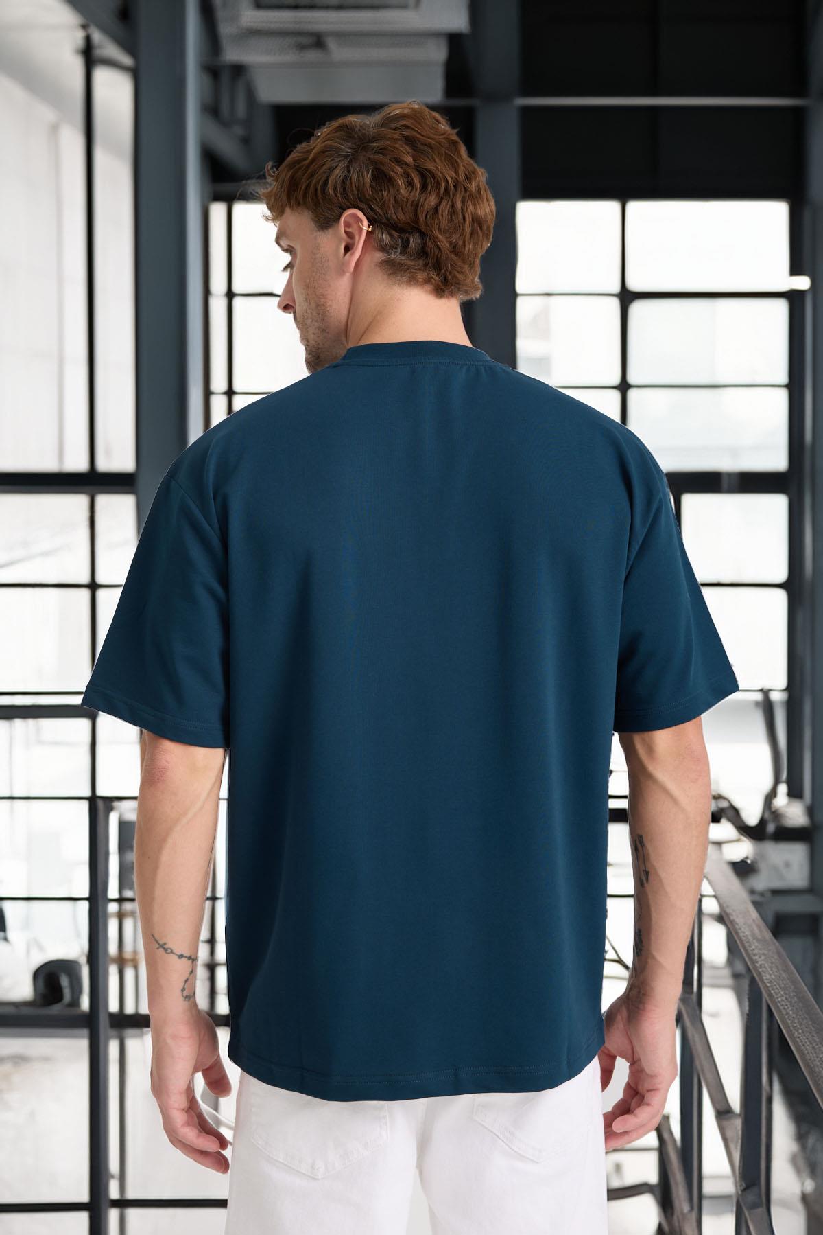 İki İplik Kumaş Pamuklu Bisiklet Yaka Basic Oversize Erkek T-Shirt - Prusya Mavisi · 5