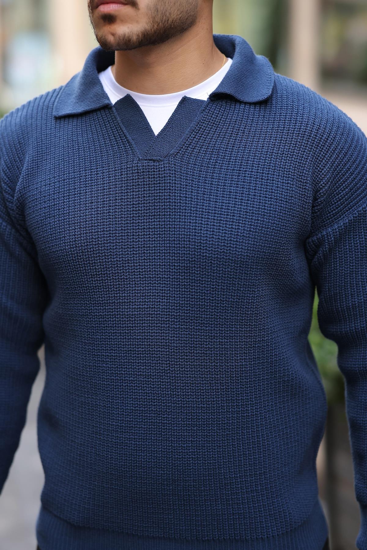Joris Oversize Gömlek Polo Yaka Selanik Örgülü Erkek Triko Kazak - İndigo · 4