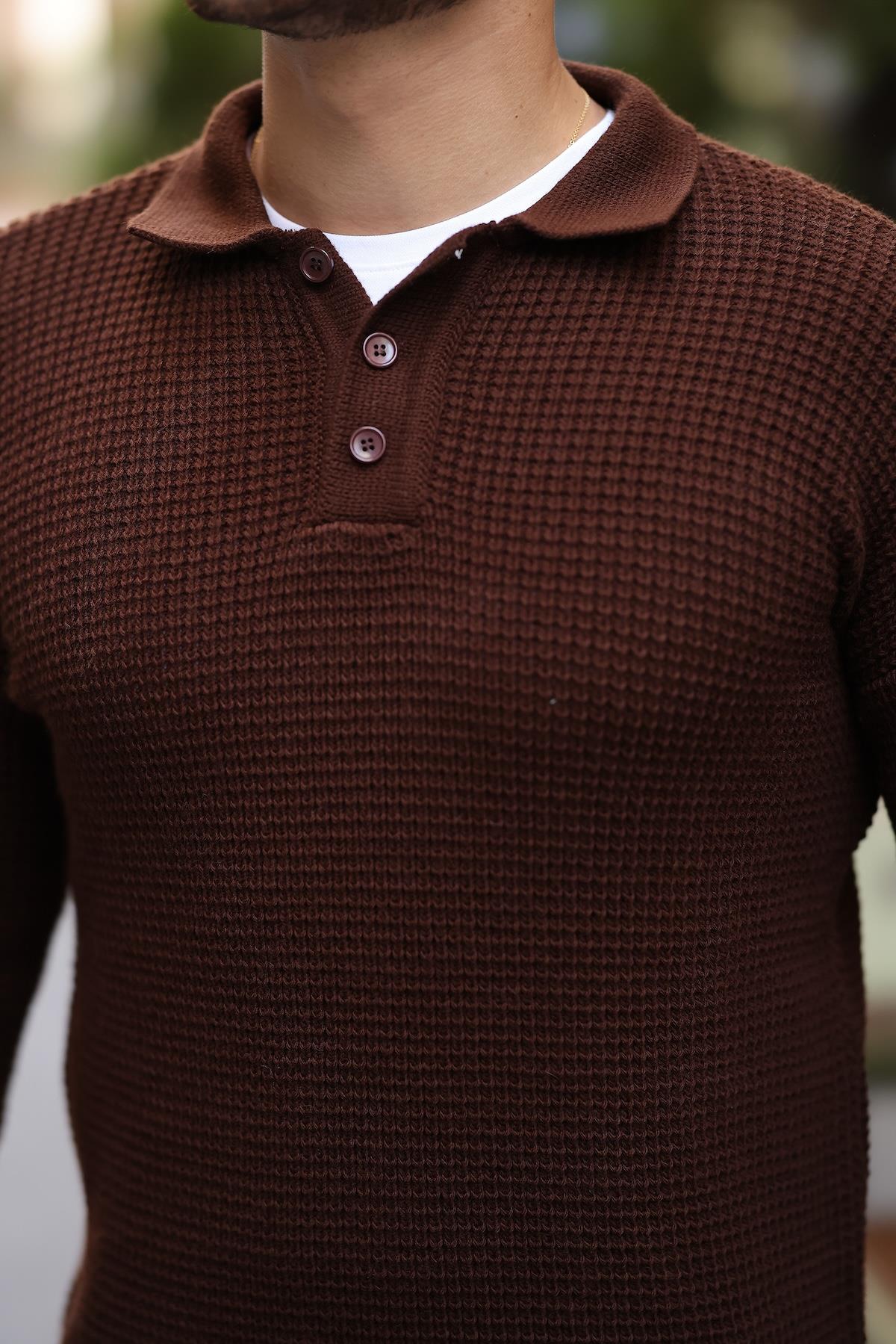 Modern Fit Polo Yaka Çizgili Triko Kazak - Kahve · 5