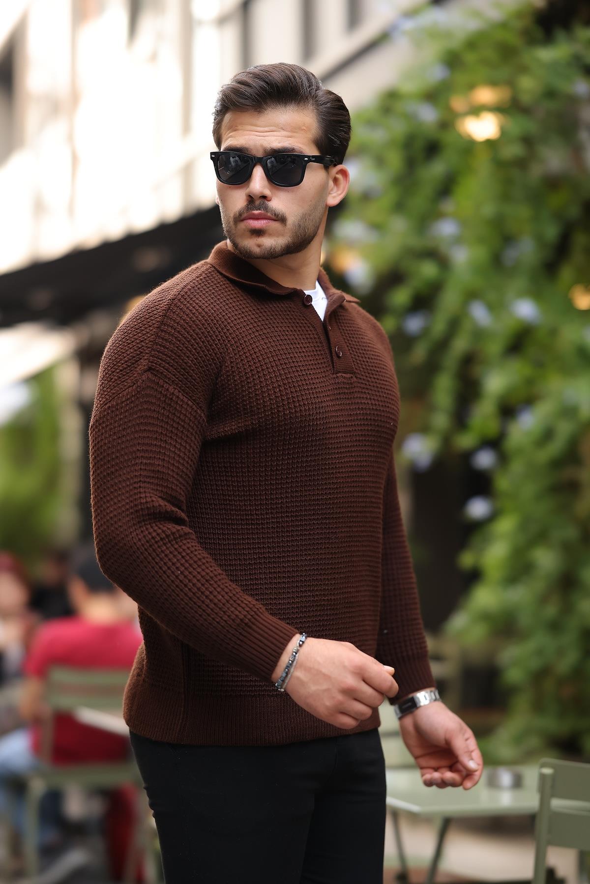 Modern Fit Polo Yaka Çizgili Triko Kazak - Kahve