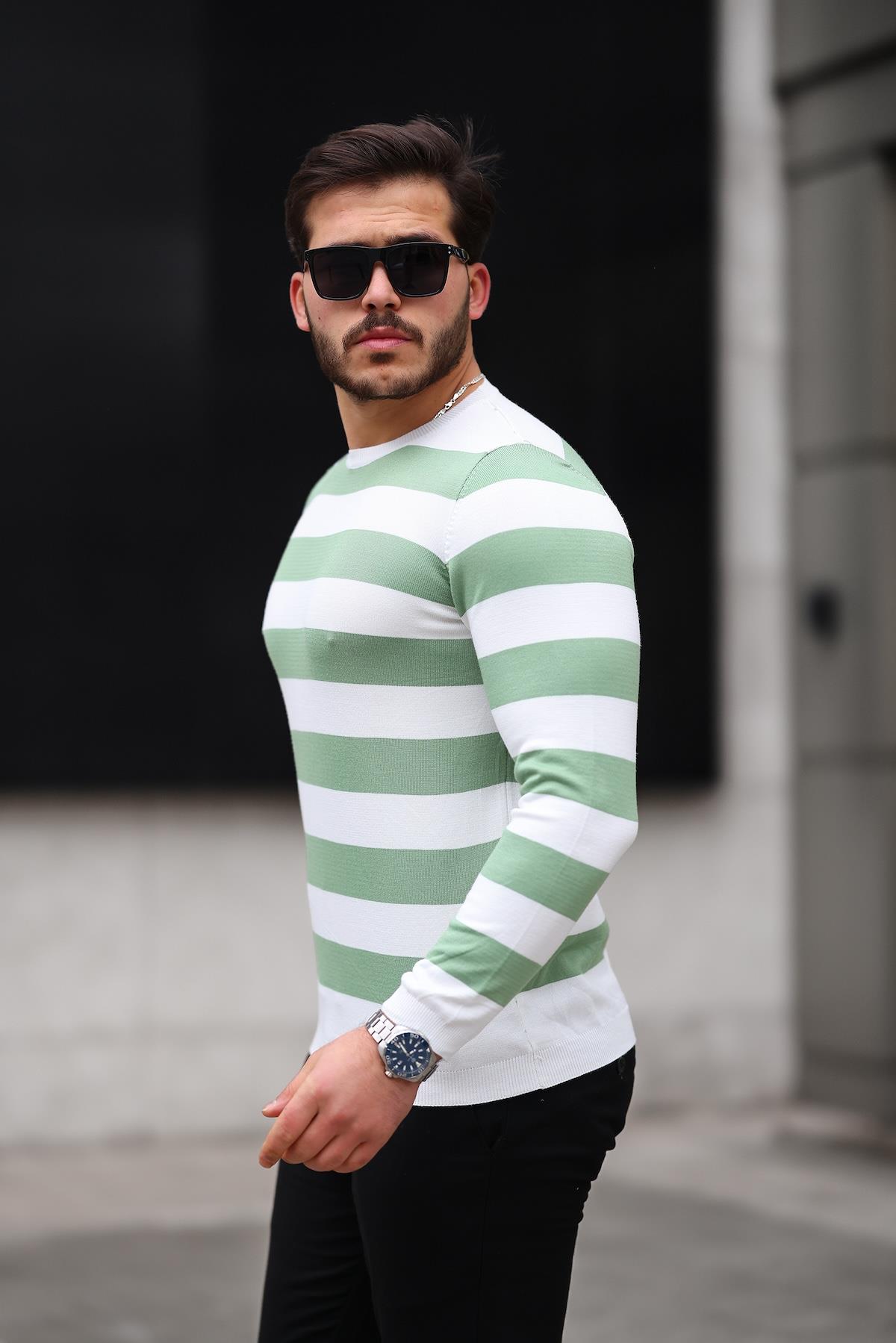 Örme Çizgili Bisiklet Yaka İnce Triko Erkek Kazak - Yesil · 4