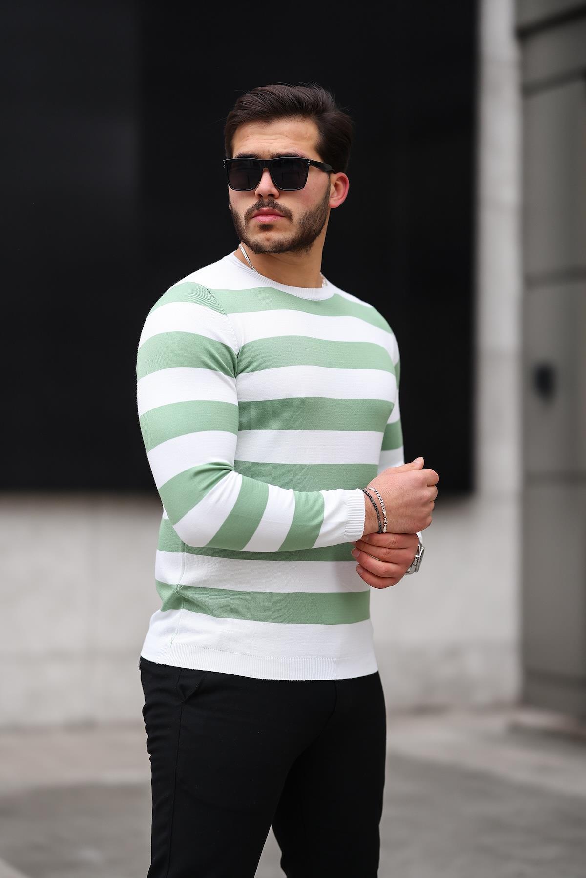 Örme Çizgili Bisiklet Yaka İnce Triko Erkek Kazak - Yesil · 3