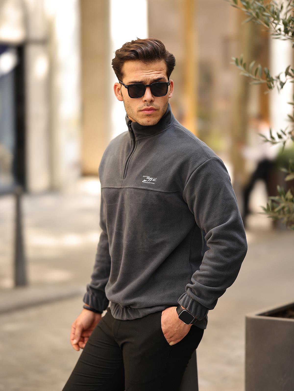 Premium Yarım Ferrmuar Polar Sweatshirt - Füme