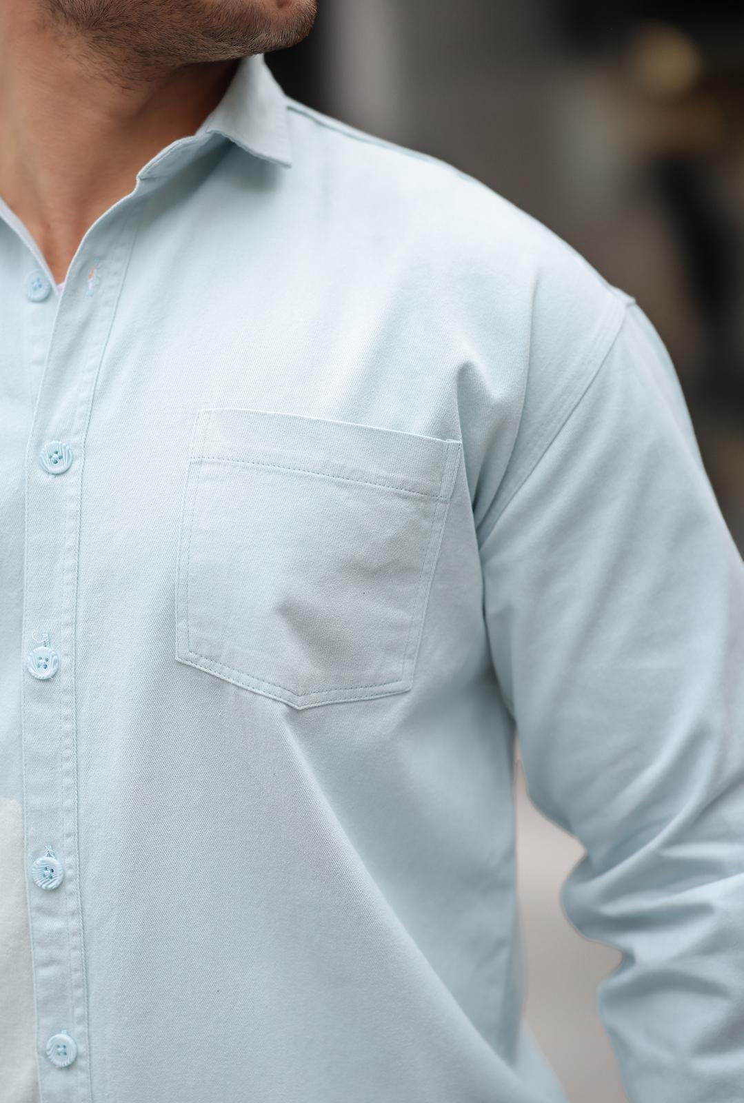 Tek Cepli Oversize Gabardin Kumaş Erkek Gömlek - Bebe Mavi · 2