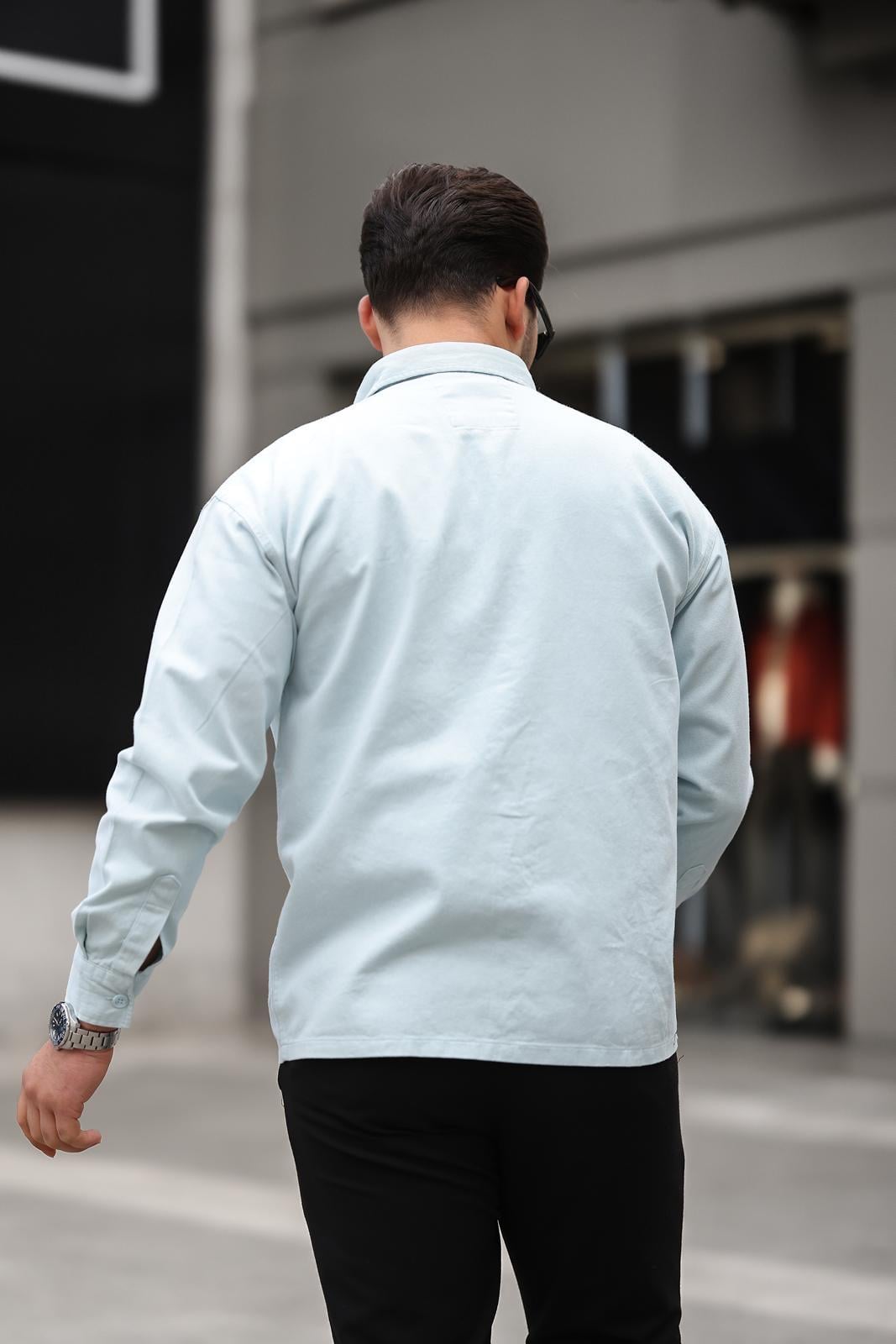 Tek Cepli Oversize Gabardin Kumaş Erkek Gömlek - Bebe Mavi · 5