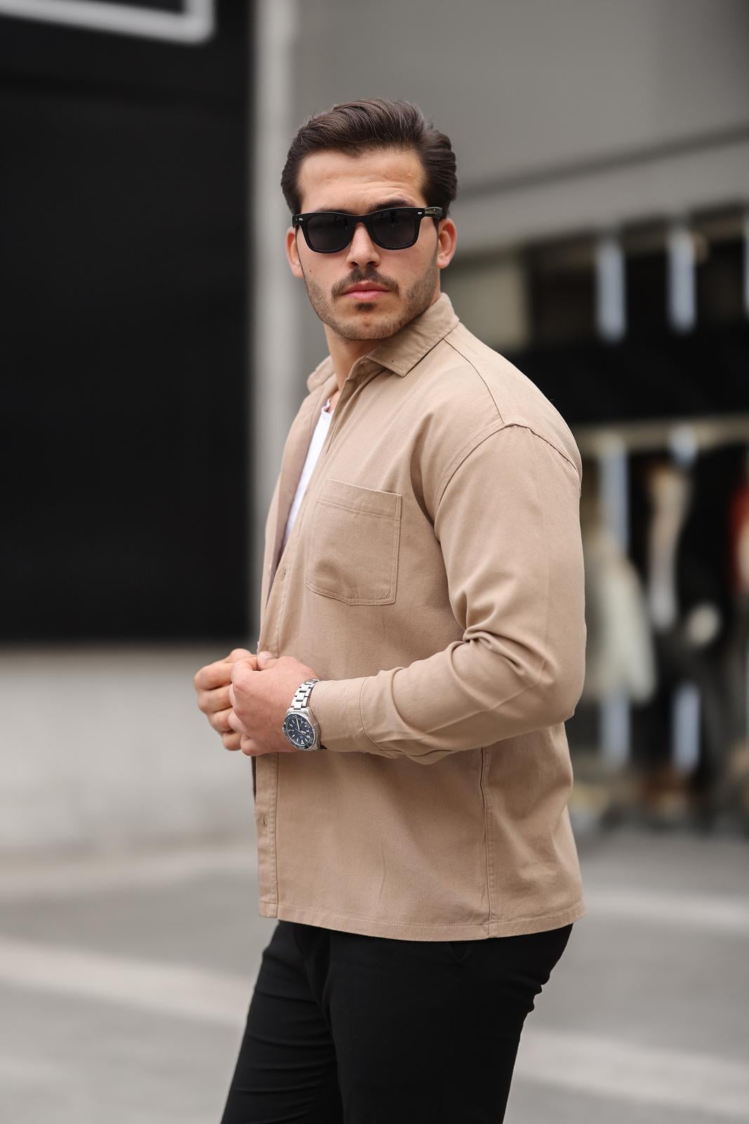 Tek Cepli Oversize Gabardin Kumaş Erkek Gömlek - Bej · 4