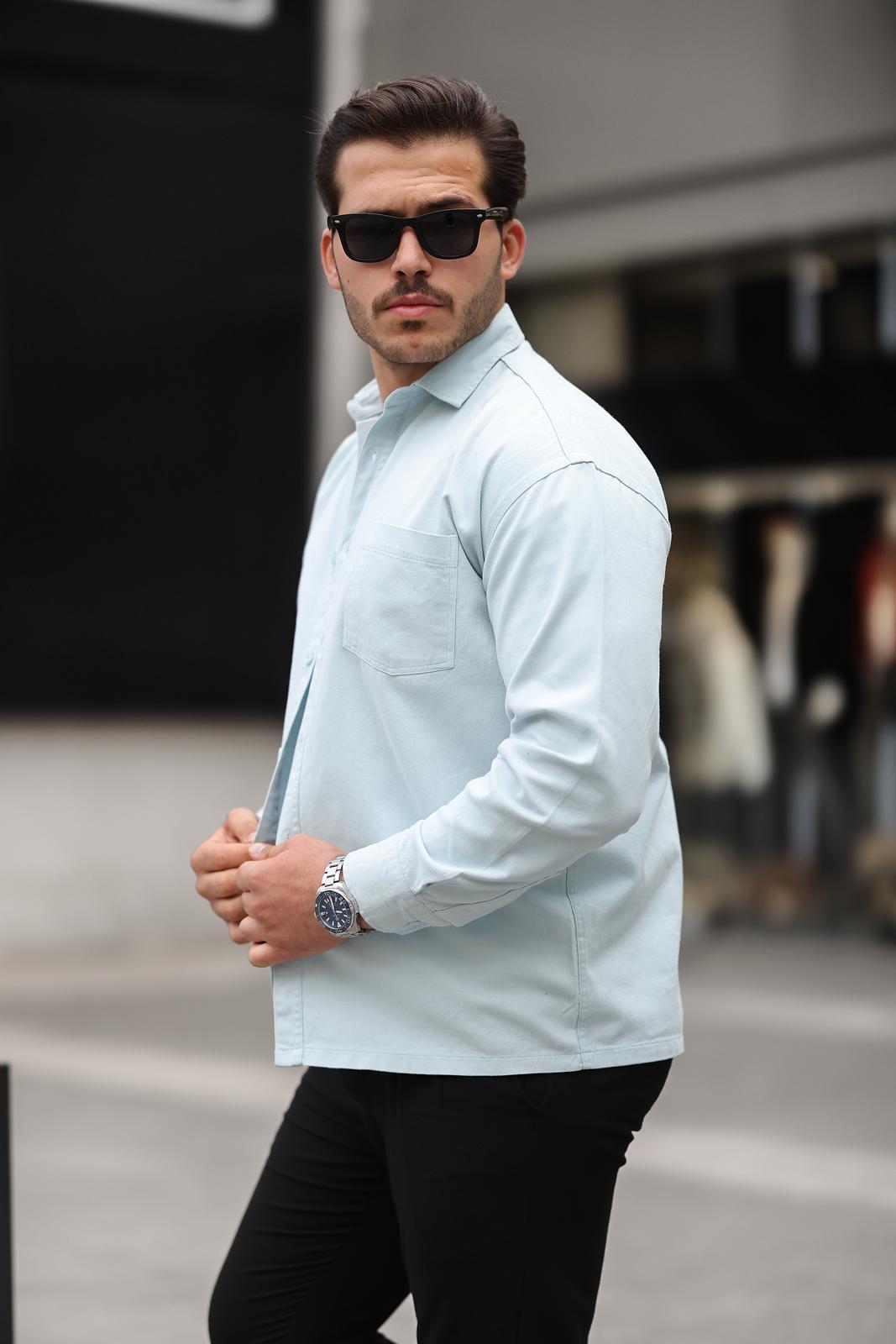 Tek Cepli Oversize Gabardin Kumaş Erkek Gömlek - Bebe Mavi · 4