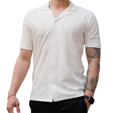 Beyaz Erkek Jakarlı Desenli Kısa Kollu Relaxed Gömlek