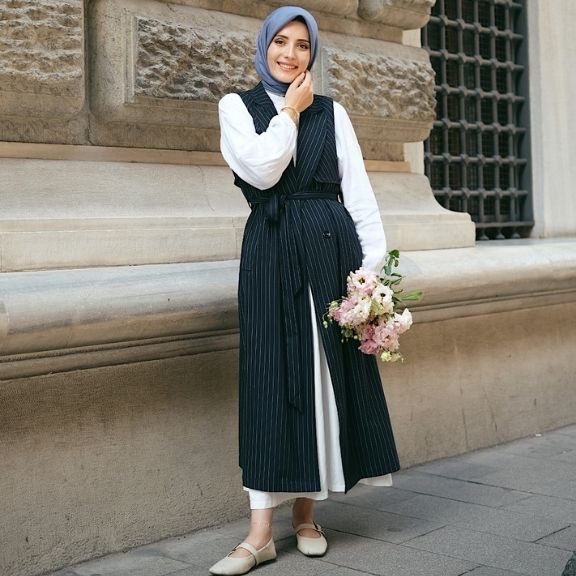 Çizgili Pamuk Rüzgarlıklı Lacivert Maksi Yelek