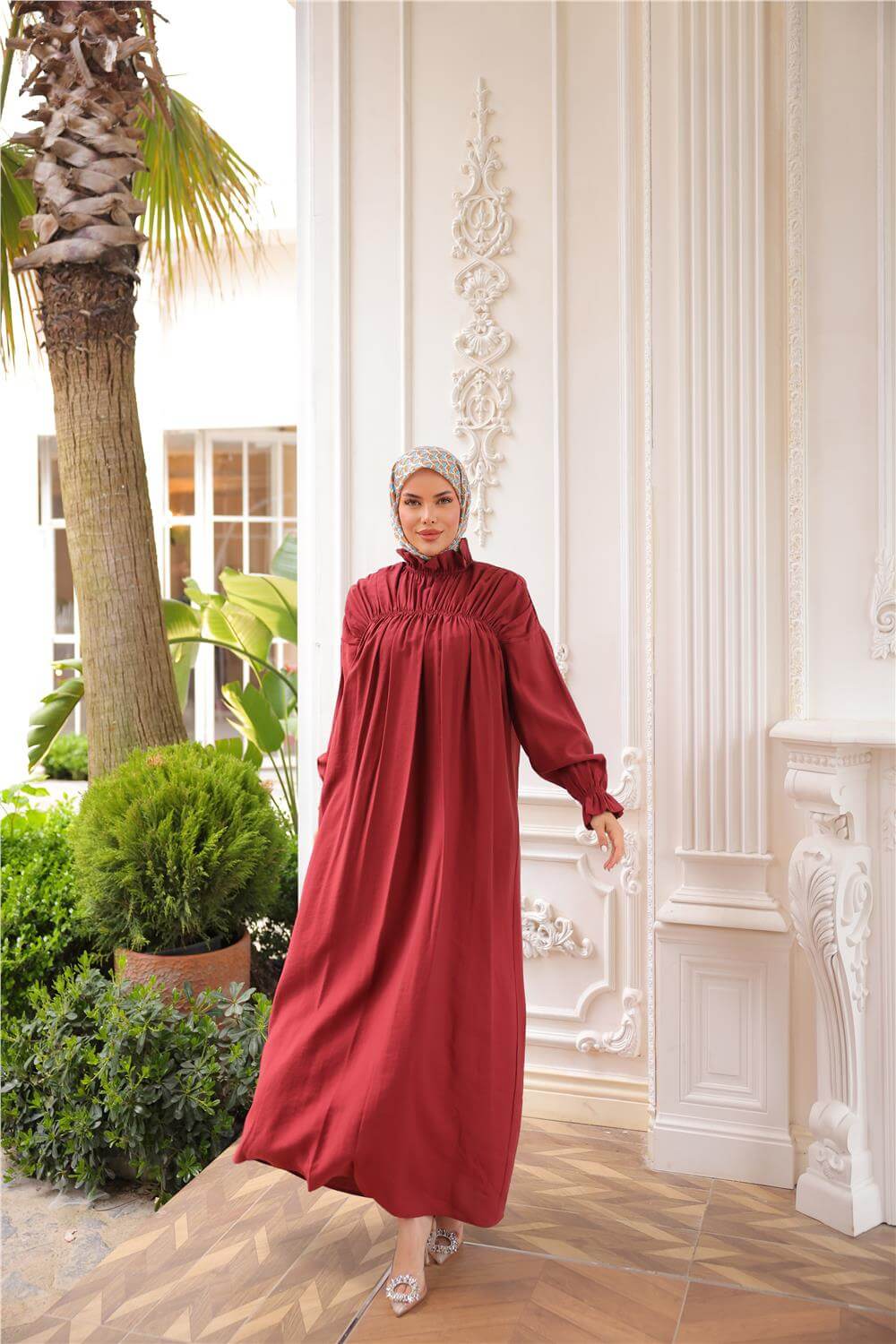 Balıkçı Dik Yaka Kolları Lastikli Bol Kesim Büzgülü Uzun Elbise - (38-46) - 71270 - Bordo
