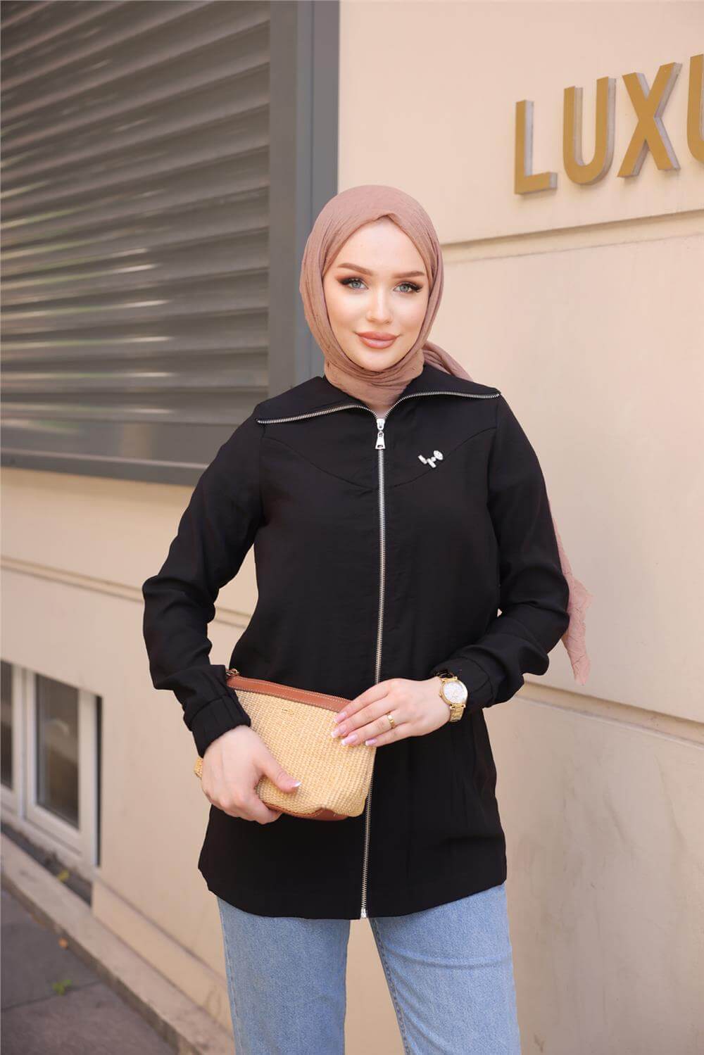 Destan Taş Detaylı Fermuarlı Sade Basic Ceket - 71139.003 - Siyah