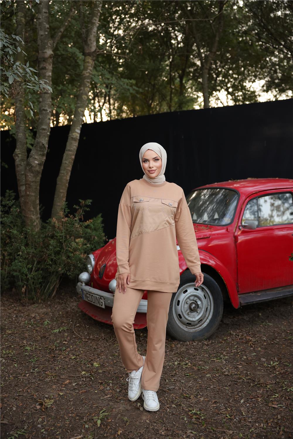 Dafne Cepli Eşofman Beli Lastikli Pantolon İkili Takım - 71153.026 - Bej