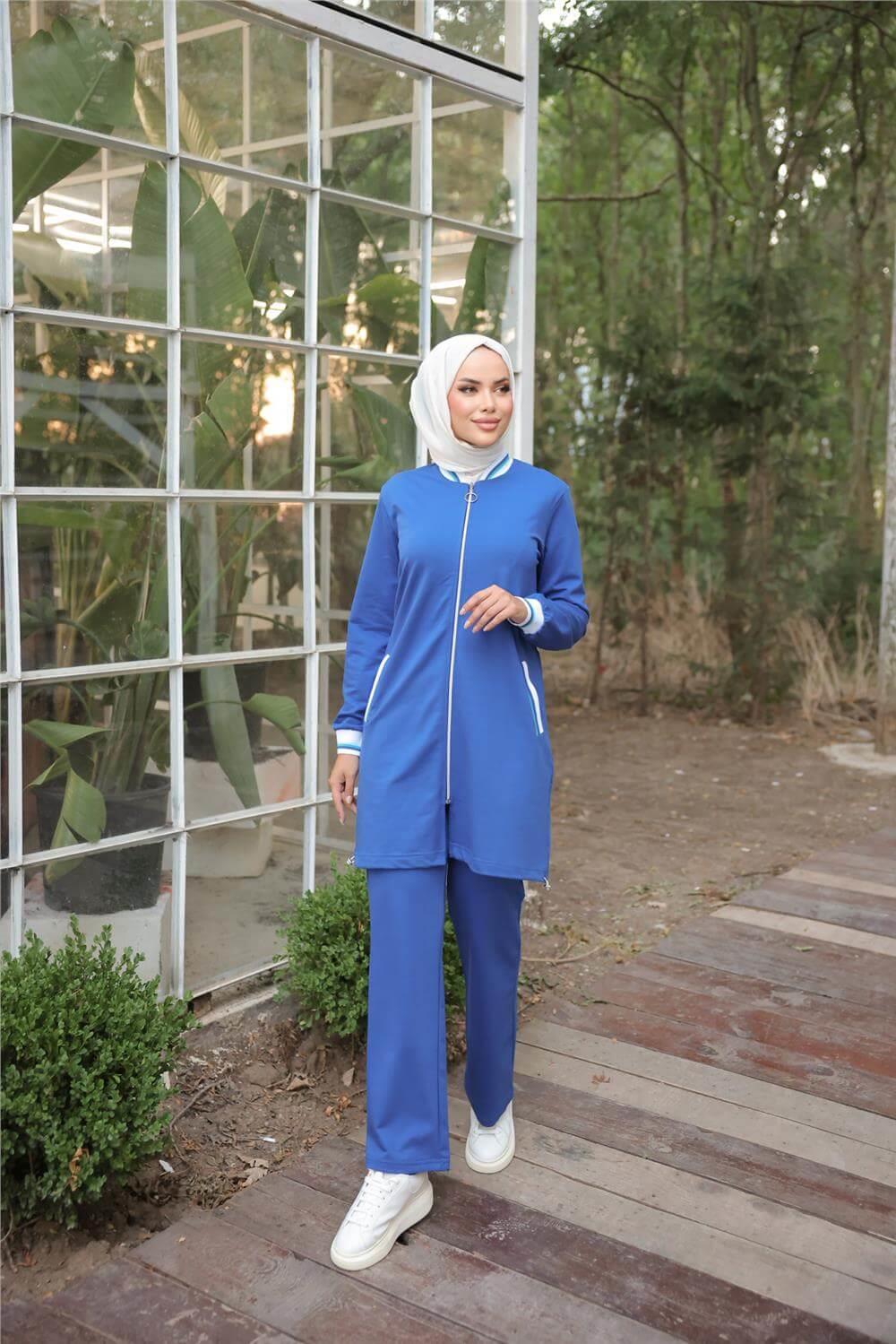 Fermuarlı Kısa Tunik Pantolon Sade İkili Tesettür Eşofman Takımı - 71206.022 - Saks