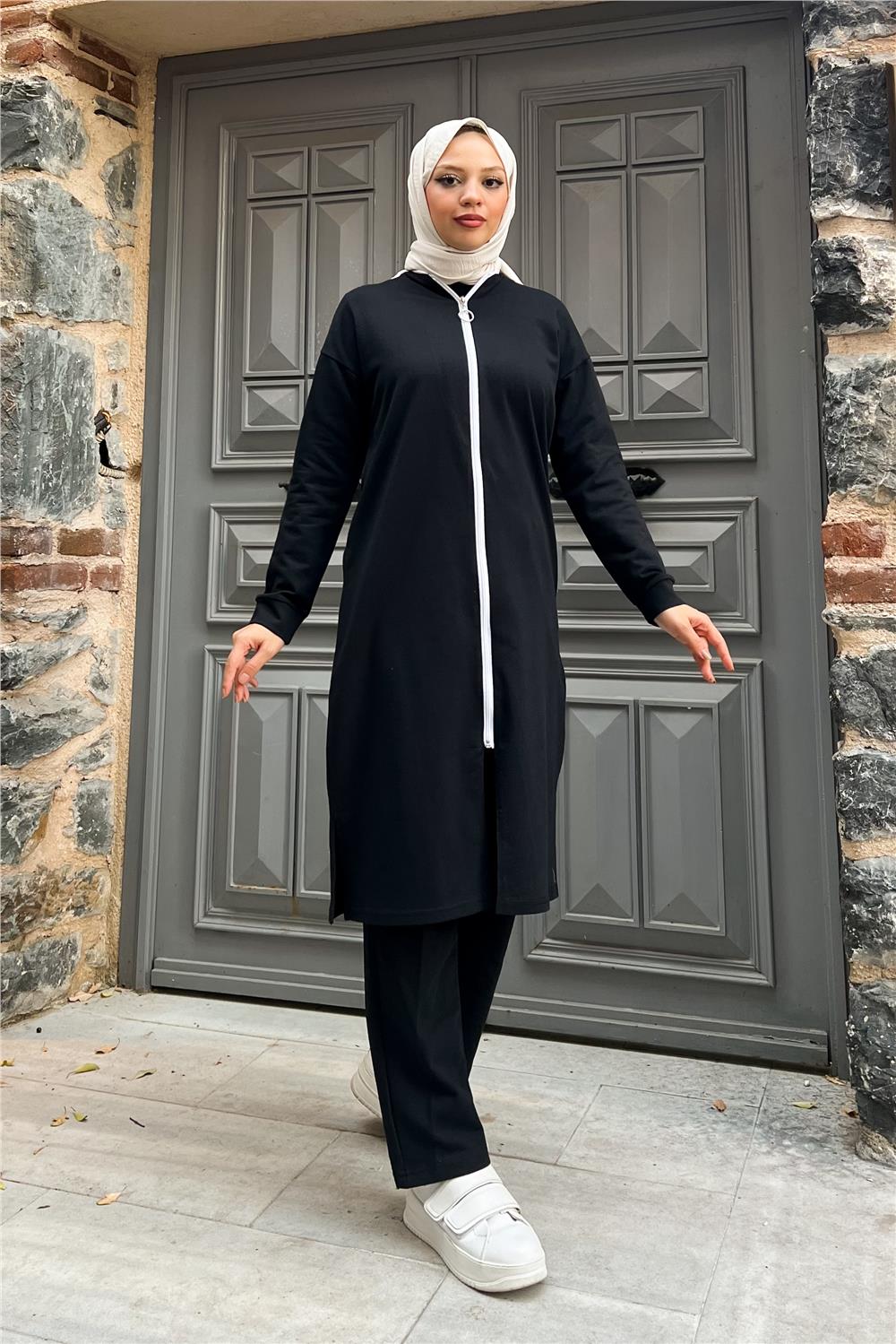 Fermuarlı Uzun Sade Basic Kap Eşofman Spor Takımı - 3044 - Siyah