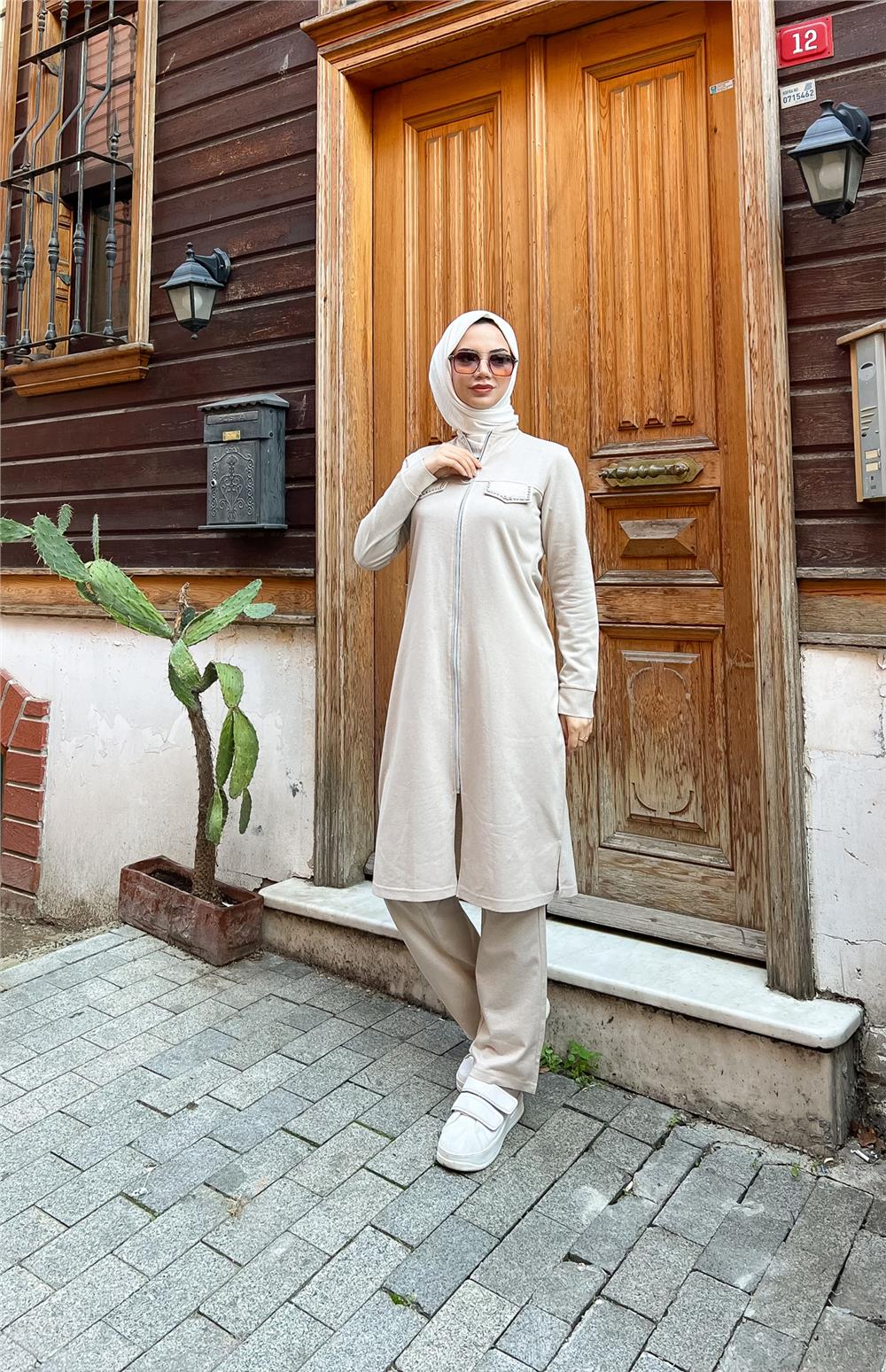Fermuarlı Uzun Tunik Pantolon Spor İkili Takım - 03058 - Ekru