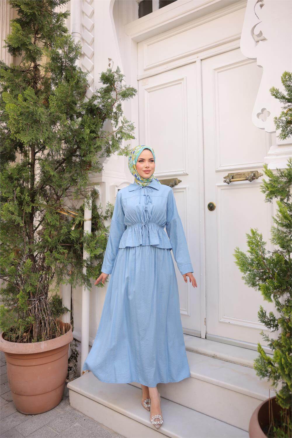 Gömlek Yaka Büzgülü, Bağcıklı Kısa Tunik Dökümlü Etek Takımı - (38-46) - 71291 - İndigo