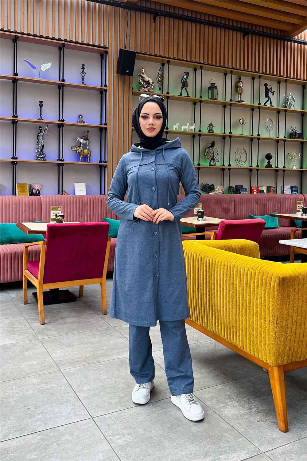 Kapşonlu Düğmeli Sade Basic Uzun Tunik ve Pantolon İkili Spor Takım - 03072 - İndigo