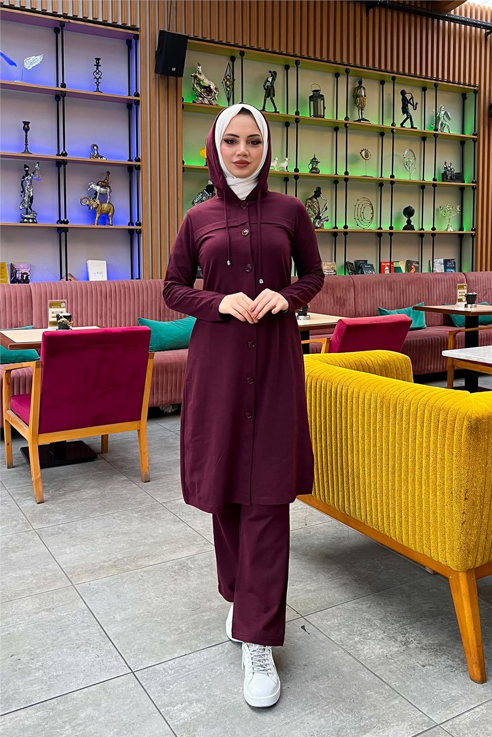 Kapşonlu Düğmeli Sade Basic Uzun Tunik ve Pantolon İkili Spor Takım - 03072 - Mürdüm