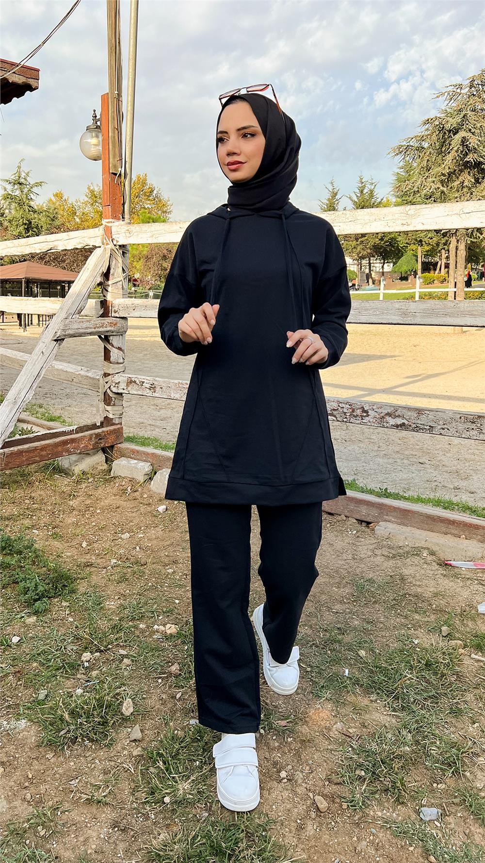 Kapşonlu O Yaka Sade Basic İkili Eşofman Spor Takımı - 3039 - Siyah