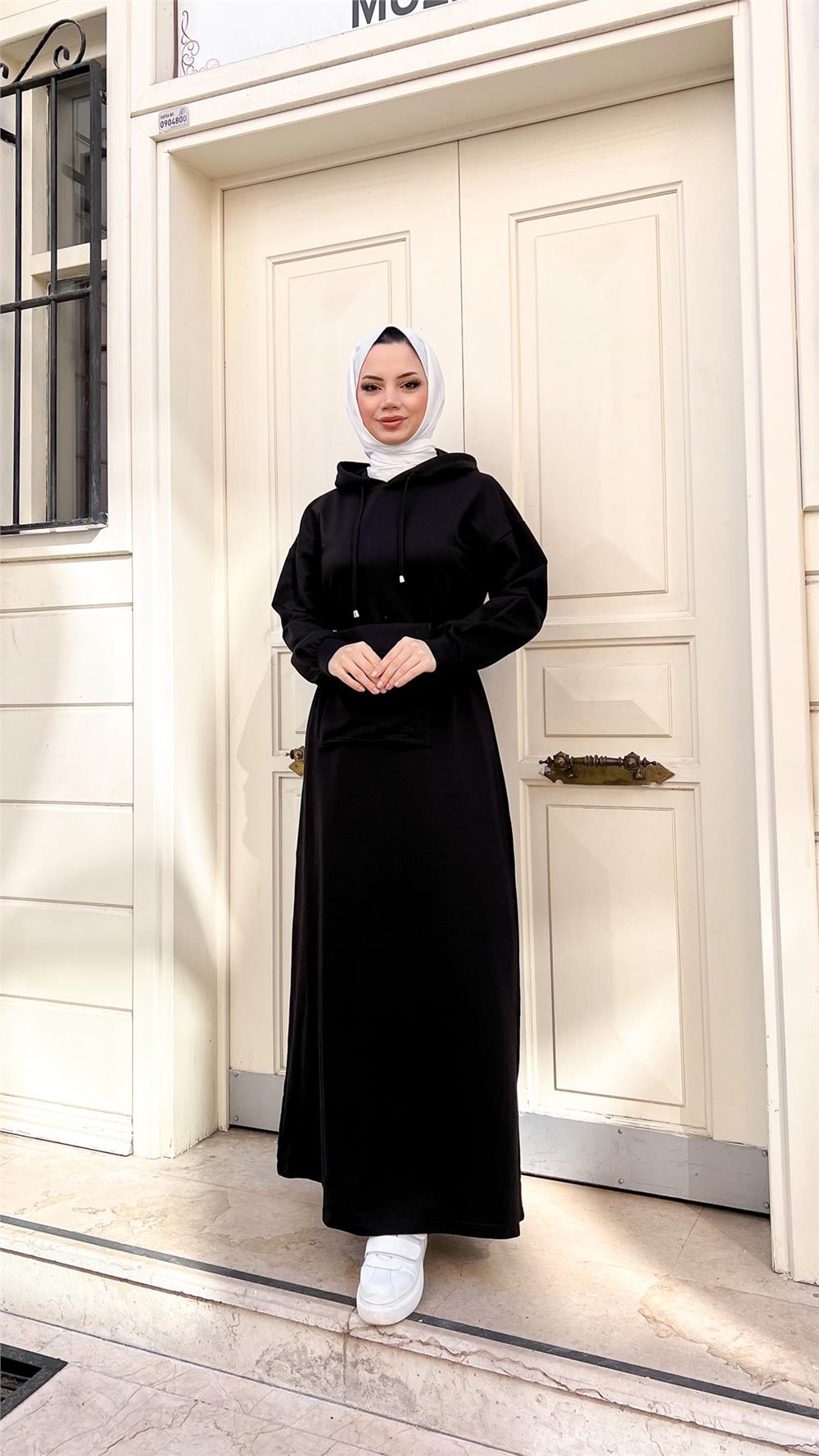 Kapşonlu Seyyar Cepli Pamuklu Elbise - 71169 - Siyah