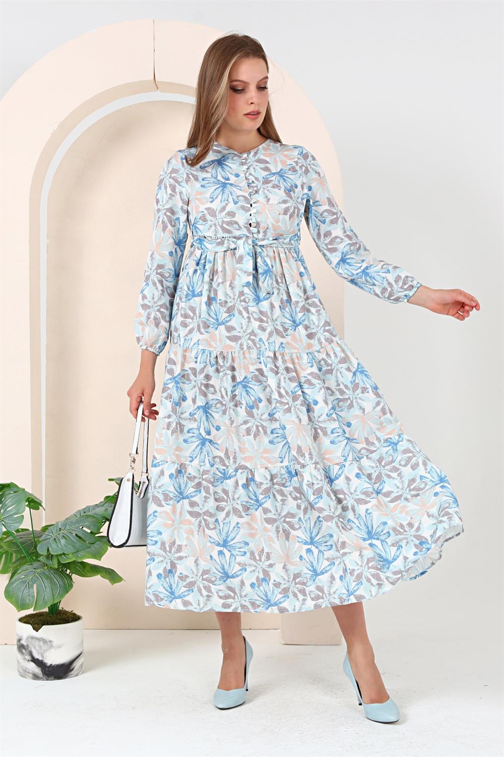 Karışık Çiçek Desenli Elbise Saks