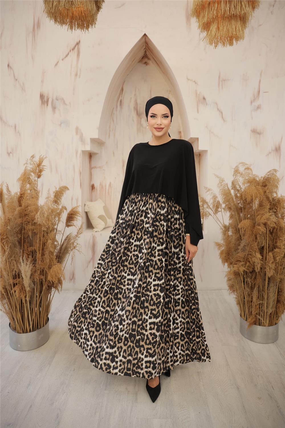 Leopar Desenli Pelerinli Uzun Elbise - 71202.026 - Bej