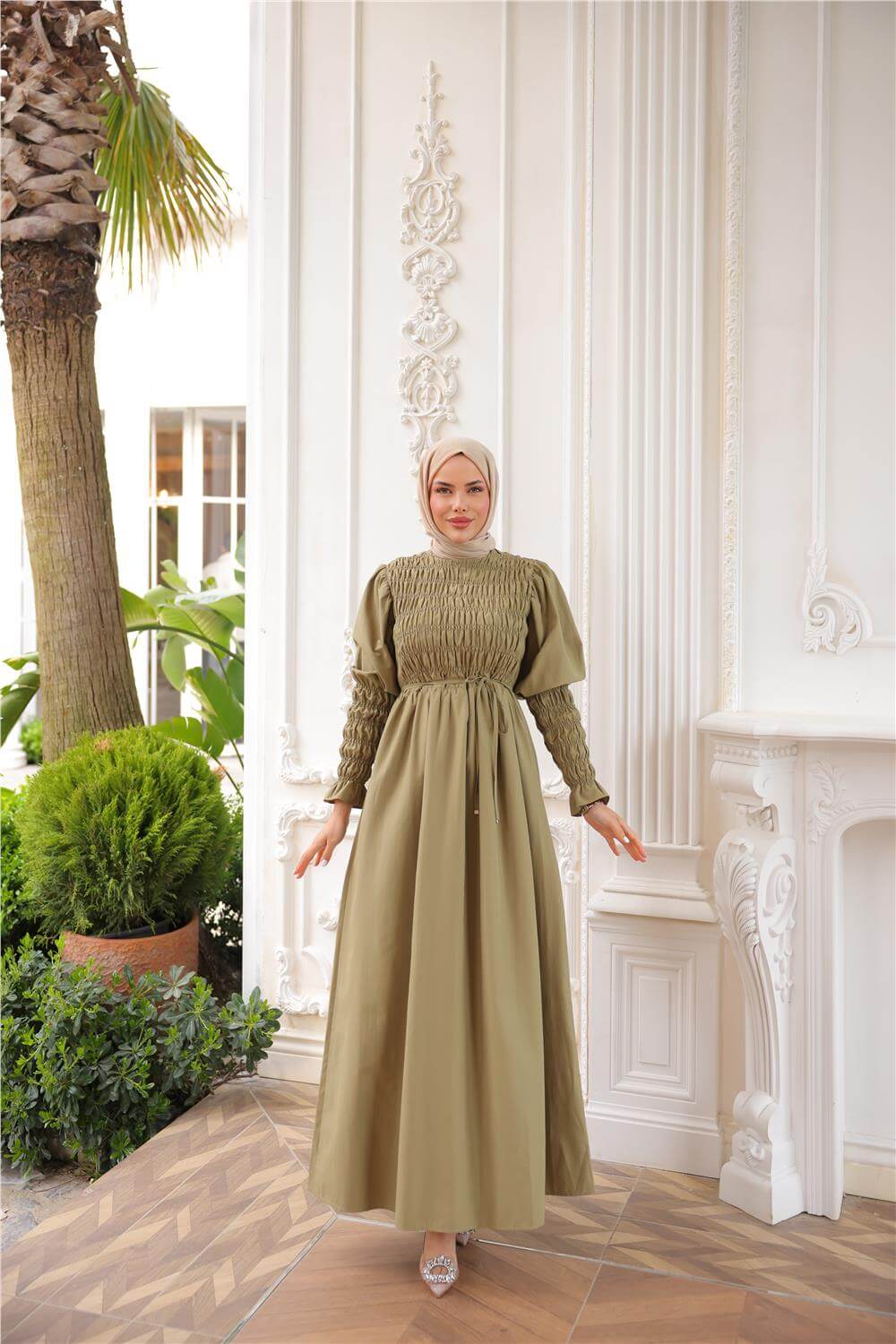 O Yaka Göğsü Büzgülü Belden Bağlamalı Kolları Lastikli Uzun elbise - (38-46) - 71272 - Haki