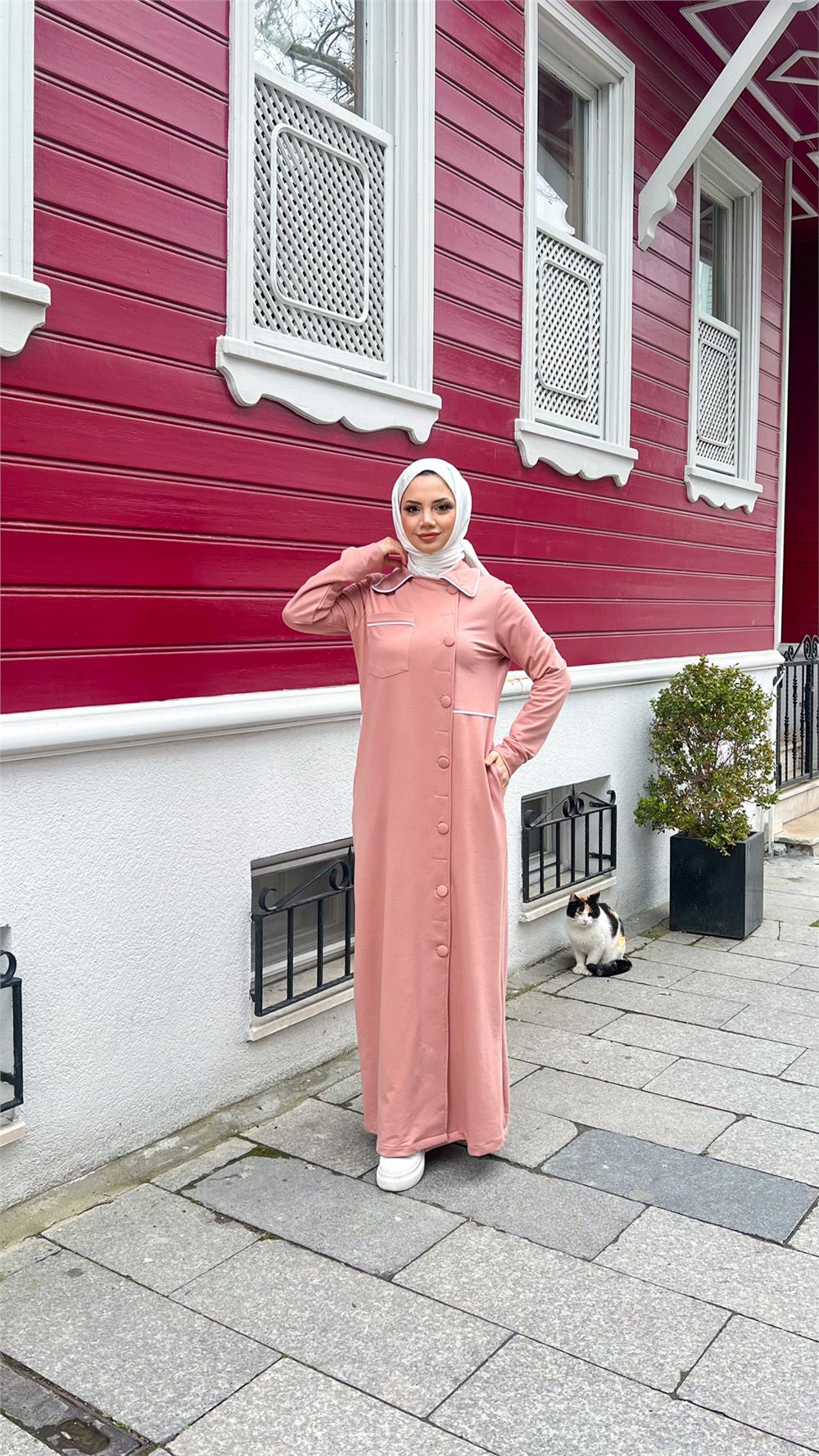 Yakalı Cepli Yandan Düğmeli Pamuklu Uzun Ferace - 71176.034 - Pudra