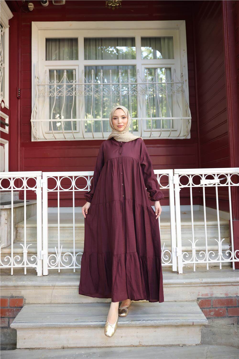 Yarı Düğmeli Pileli ve Lastik Kollu Uzun Salaş Elbise - (38-46) - 71277 - Bordo
