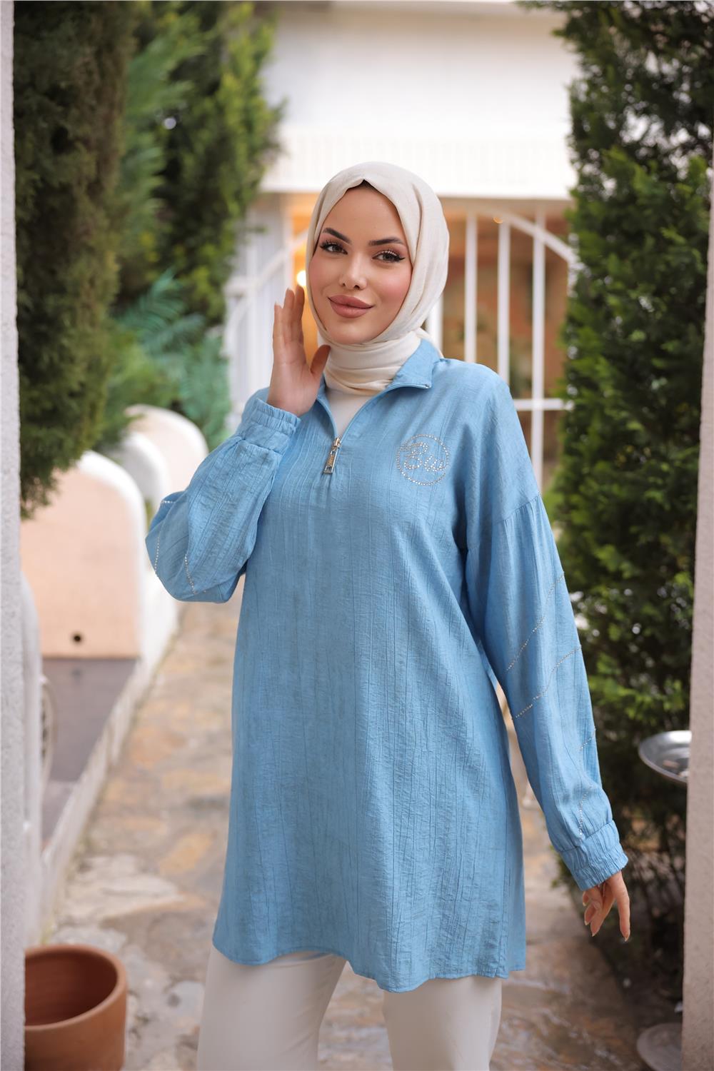 Yarım Fermuarlı Yaka Logo Baskılı Tunik - 71245.010 - Turkuaz