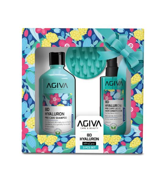 Agiva 8D Hyaluron 3'lü Şampuan 500 ml & Sıvı Saç Kremi 200 ml & Masaj Tarağı
