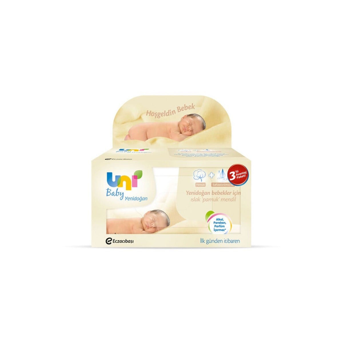 Uni Baby Yenidoğan Islak Pamuk Mendil 3'lü