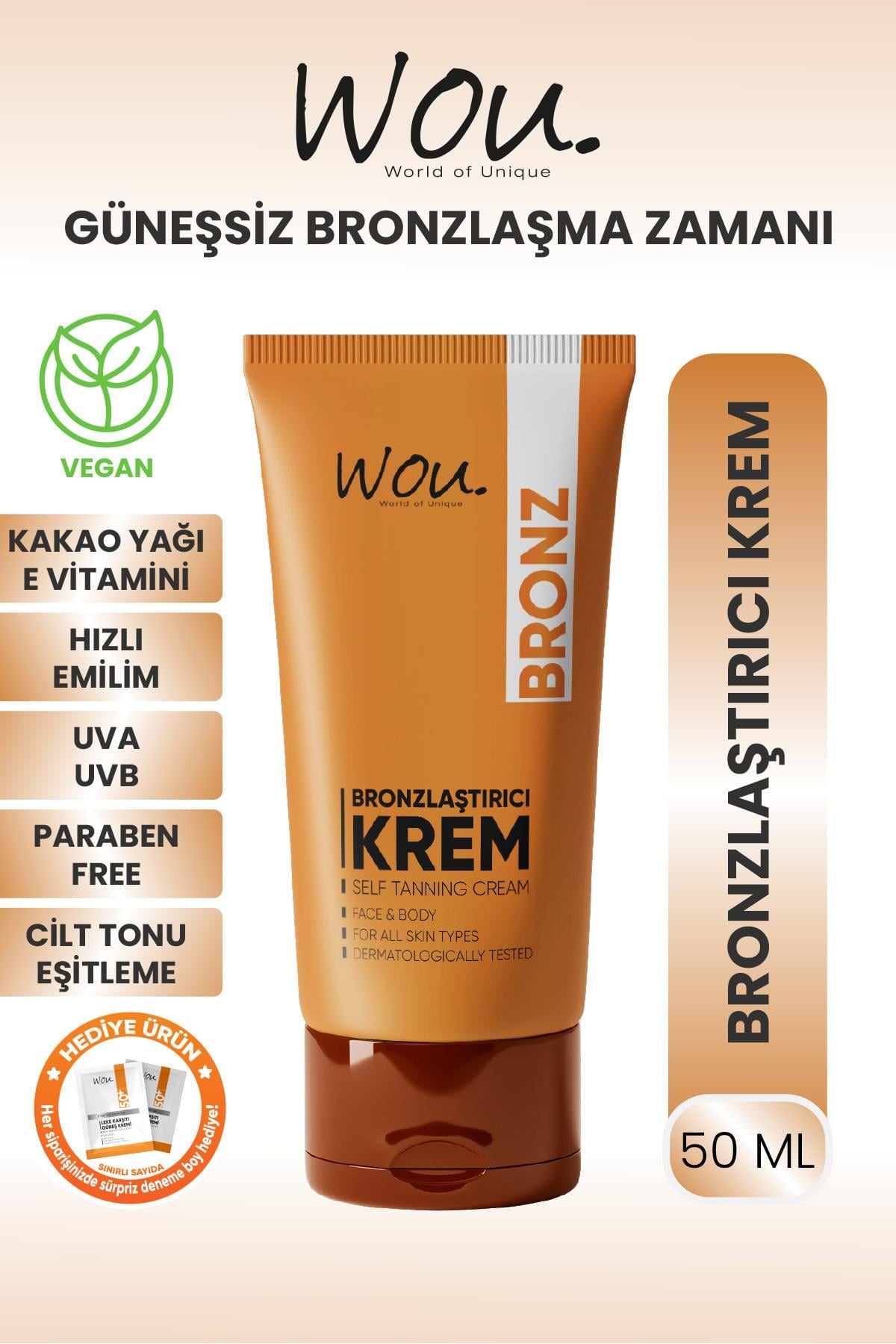 WOU World of Unique Güneşsiz Bronzlaştırıcı ve Nemlendirici Krem 50ml-Self Tannıng