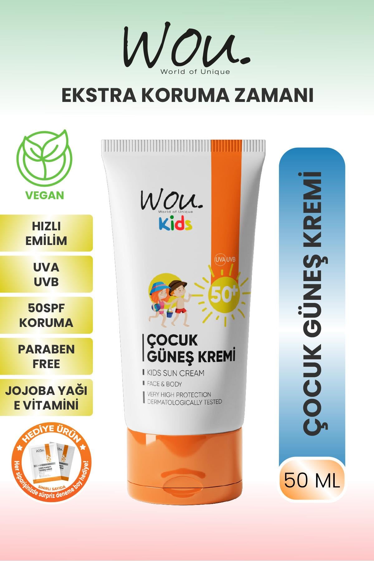 WOU World of Unique KIDS Yüksek Koruma Etkili SPF50+ Çocuk Güneş Kremi 50ml