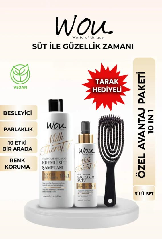 WOU World of Unique Milk Therapy Şampuan 400 ML+Milk Therapy Milk Therapy Saç Bakım Sütü 150ml/Lüx Tarak Hediyeli 