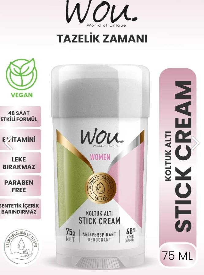 WOU World of Unique Stick Krem, Koltuk Altı Terleme Önleyici 48 Saat Etkin Koruma Vegan, Kadın Koltuk Altı Stick 75 ml