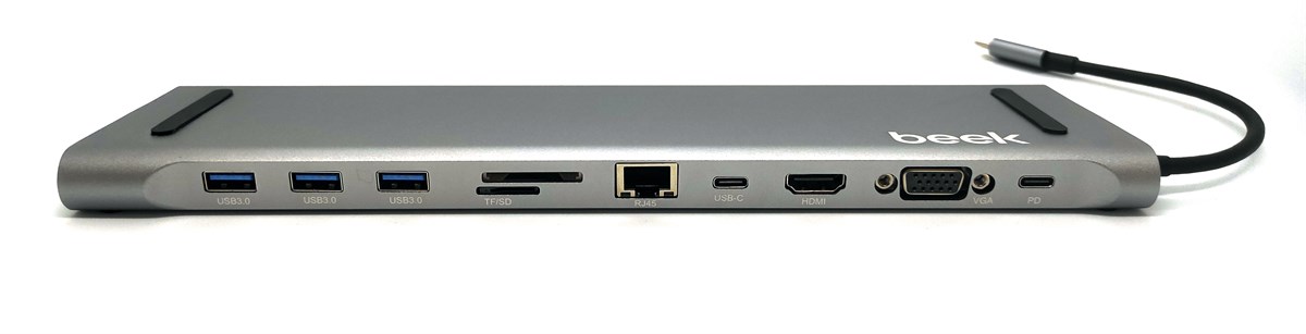 Beek 11 in 1 USB Tip C Docking Station, 1 x USB-C PD 100W, 1 x RJ45 Gigabit Ethernet, 3 x USB 3.0 5G veri, 2 x USB 2.0, 1 x USB-C 5G veri, 1 x DP 4K/30Hz, 1 x HDMI 4K/30Hz, 1 x VGA, 1 x SD/TF, 1 x Ses 3.5mm<br>
Beek 11 in 1 Type C Docking Station, 1
