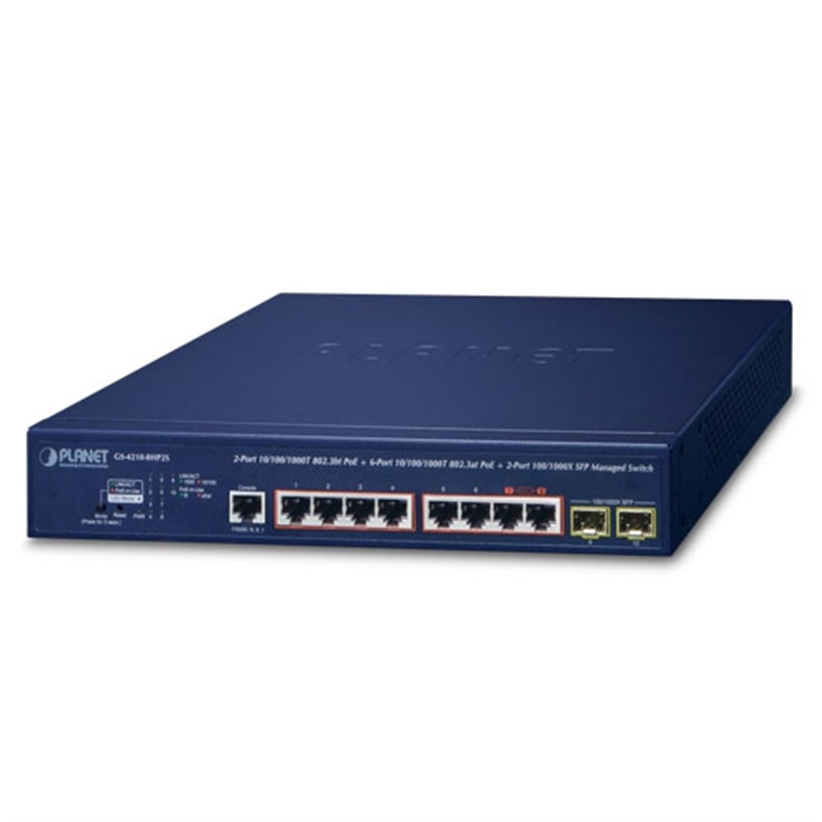 Yönetilebilir Switch (Managed Switch)<br>
6-Port 10/100/1000T IEEE 802.3at/af PoE+ Injector  (Port 1 ile 6 arası) (Port başına 30.8 watt)<br>
2-Port 10/100/1000T IEEE 802.3bt PoE++ Injector (Port 7 ve 8) (Port başına 802.3bt modunda maksimum 9