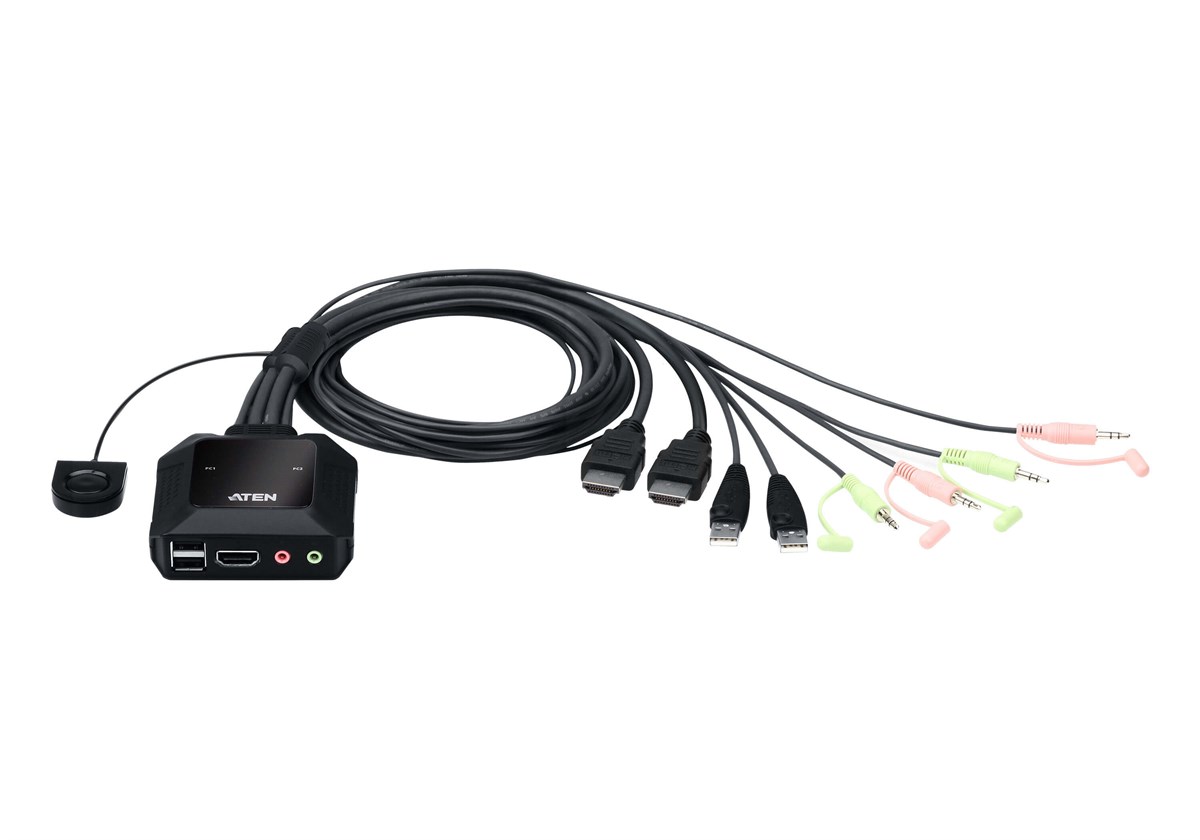 2 Port USB 4K KVM (Keyboard/Video Monitor/Mouse) Switch, Masaüstü Tip, KVM bağlantı kablosu ürüne gömülüdür, Remote Port Selector ile birlikte<br>
2-Port USB 4K HDMI Cable KVM Switch with Remote Port Selector