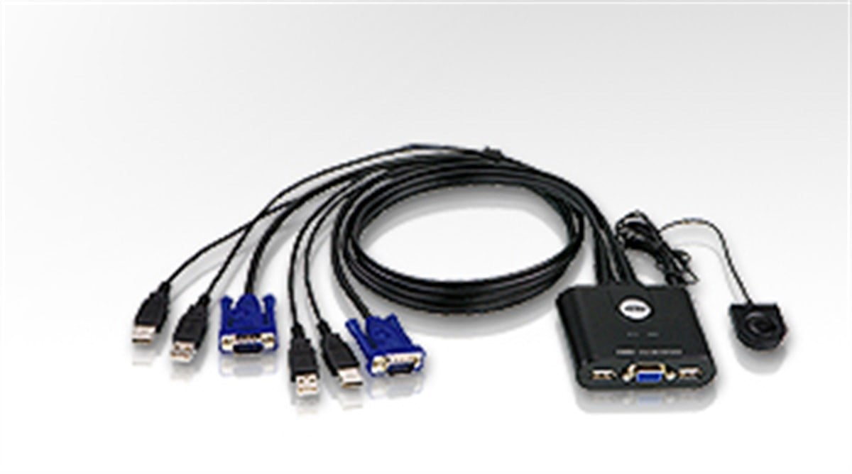 2 Port USB VGA KVM (Keyboard/Video Monitor/Mouse) Switch, Masaüstü Tip, KVM bağlantı kablosu ürüne gömülüdür<br>
2-Port USB VGA Cable KVM Switch with Remote Port Selector