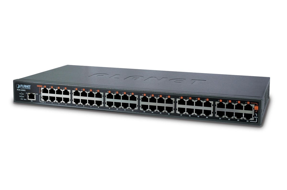 24-Port 10/100/1000Base-T IEEE 802.3at/af PoE Injector Hub<br>
PoE Güç Bütçesi maks. 440 (aynı anda 24 adet 15,4 Watt verebilir)