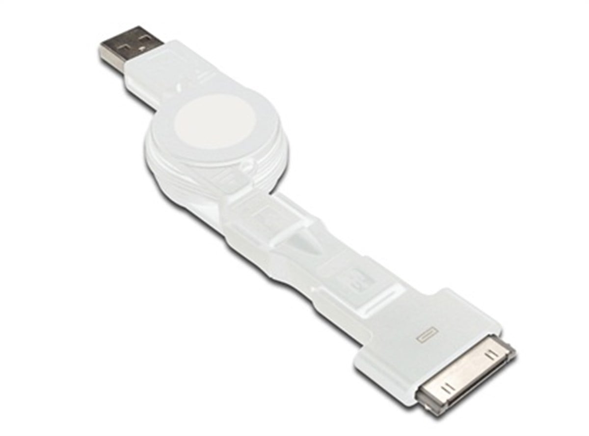3 in 1 Makaralı Kablo, Apple 30 pin erkek + micro USB B erkek + mini USB B erkek <-> USB A erkek, 0.75 metre, AWG 30, USB 2.0, UL, beyaz renk